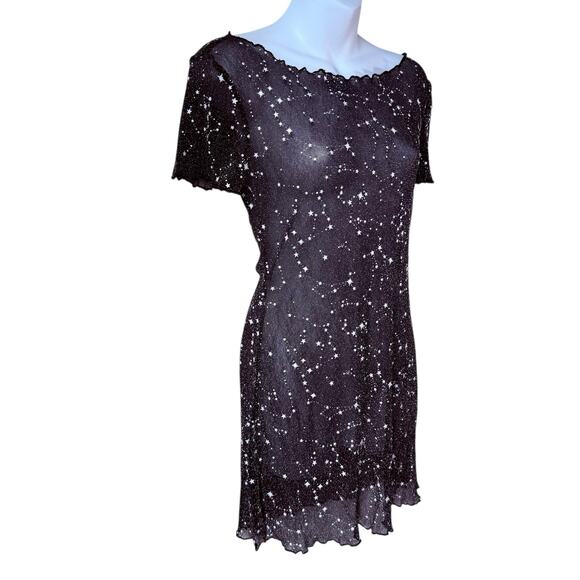 Black Mesh Star Sparkle Dress Womens Large 10/12 Stretchy Festival EDC Coachella - Picture 1 of 15